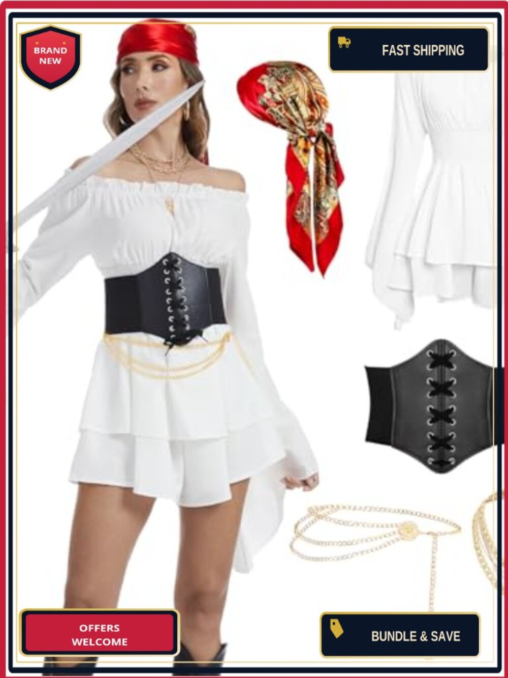 Pirate Costume Set Women Medieval Renaissance Dress Corset Headscarf Cosplay